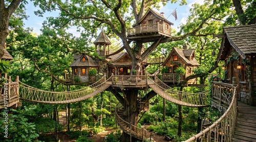 Whimsical treehouse village with wooden bridges nestled in a lush green forest canopy.