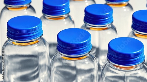 Collection of Empty Plastic Bottles with Blue Caps.