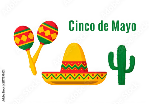 Mexican fiesta icons with cactus and sombrero