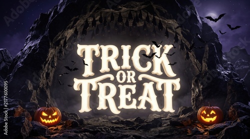 Halloween trick or treat text design with glowing letters, spooky cave background, hanging bats, and carved jackolantern pumpkins, 3d render illustration