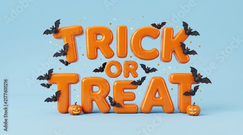 3d render of trick or treat text with orange glossy letters, small bats, and jackolanterns on a light blue background