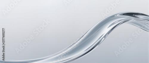 Abstract background of flowing liquid glass wave. Minimalist transparent fluid curve with silver reflections on light gray backdrop