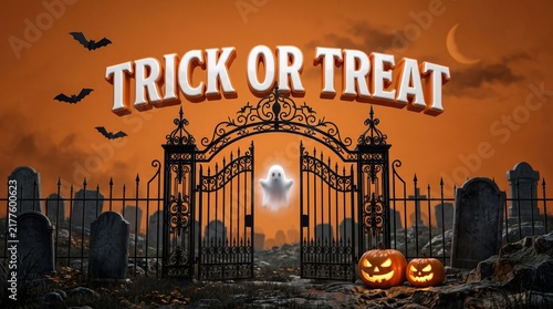 Halloween scene featuring an ornate iron gate, glowing pumpkins, and a floating ghost in a graveyard at sunset, perfect for holiday marketing materials