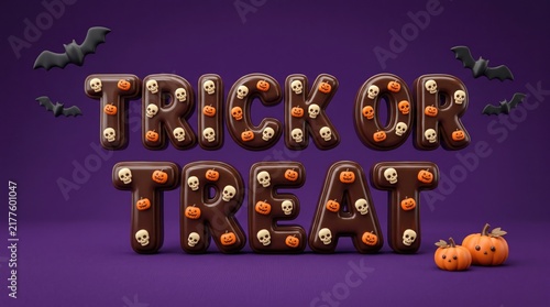 3d halloween trick or treat text with chocolate, skulls, pumpkins, and bats on a purple background