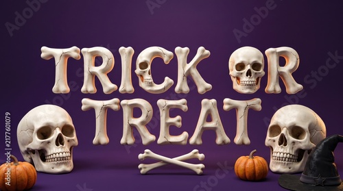 3d halloween trick or treat text made of bones with skulls, pumpkins, and witch hat on purple background