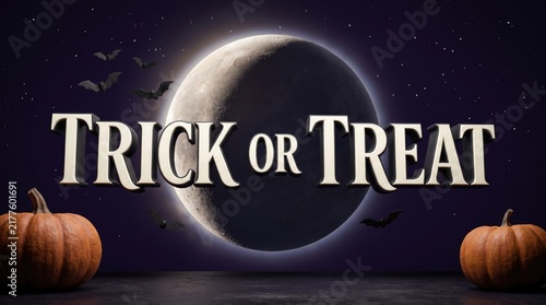 Minimalist halloween night scene with crescent moon, starry sky, silhouette bats, lit pumpkins, and metallic 3d text trick or treat