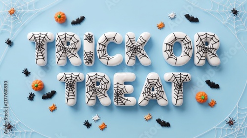 Trick or treat halloween background with spider web letters on blue with spiders, bats, and pumpkins