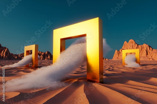 Futuristic Desert Scene Golden Square Frames Smoke Clouds Concept Picture