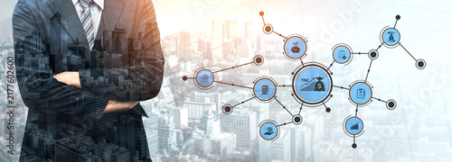 Принти на полотні A businessman stands confidently with arms crossed, overlooking a vibrant city while tax icons and digital connections visualize finance and economic strategies