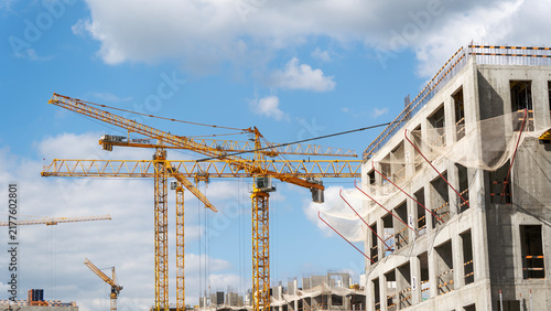 фотографія Yellow cranes dominate a bustling construction site