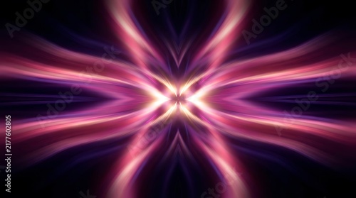 Symmetrical abstract light streaks in shades of magenta, pink, and white, radiating from a central glowing point against a dark black background