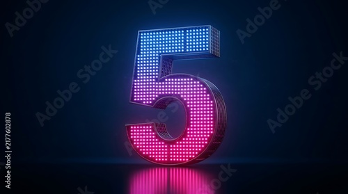 Three-dimensional number five, illuminated with a blue to pink gradient grid of glowing led lights against a dark, reflective background