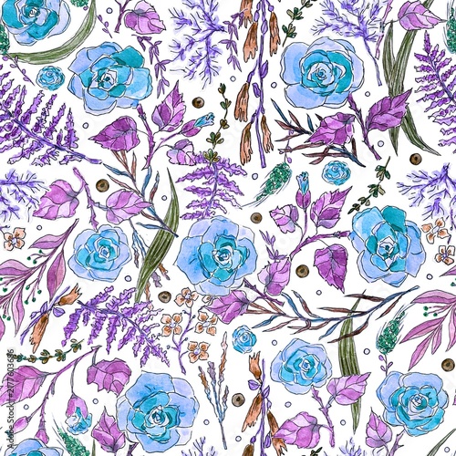 Blue and purple floral seamless pattern, watercolor illustration