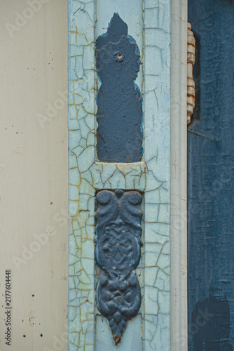 Antique Blue painted, weathered door hinge in Ouray, Colorado