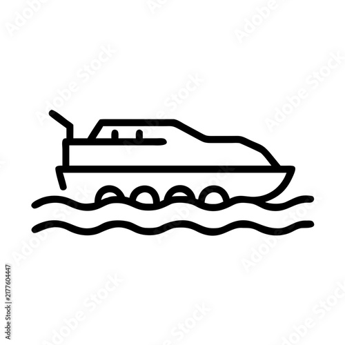 Tracked amphibious carrier icon, minimalist style, black line art on white background, copy space