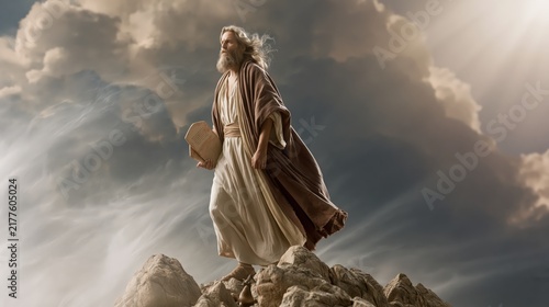 Moses standing on Mount Sinai holding the stone tablets of the Ten Commandments beneath dramatic clouds and divine light.