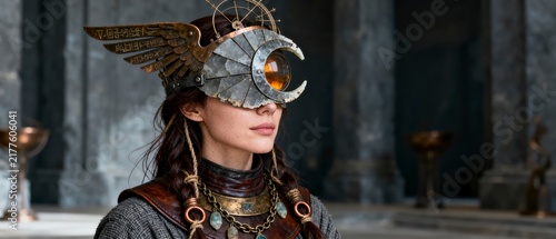 A woman wearing an ornate metallic crescent moon mask with wings and intricate jewelry stands in an ancient, stone-walled setting.