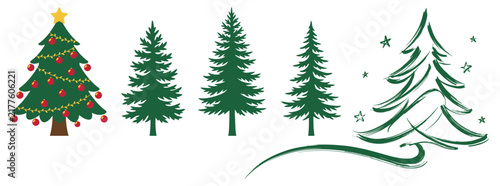 A collection of various stylized christmas trees and evergreen pine trees isolated on a white background