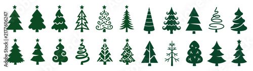 Collection of various hand drawn christmas tree illustrations isolated on a white background for holiday design projects