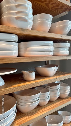 White ceramic bowls, plates and serving dishes arranged on wooden shelves in a kitchenware store