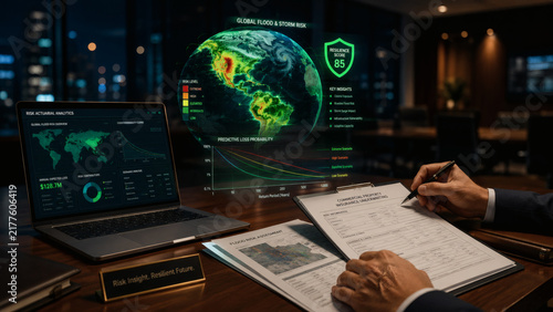 Risk analyst hands reviewing insurance report with floating 3D climate risk heatmap hologram