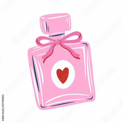 Perfume bottle with ribbon cartoon style. Fashion fragrance transparent glass flask, perfume spray bottle with a heart for romantic gift. Vector illustration