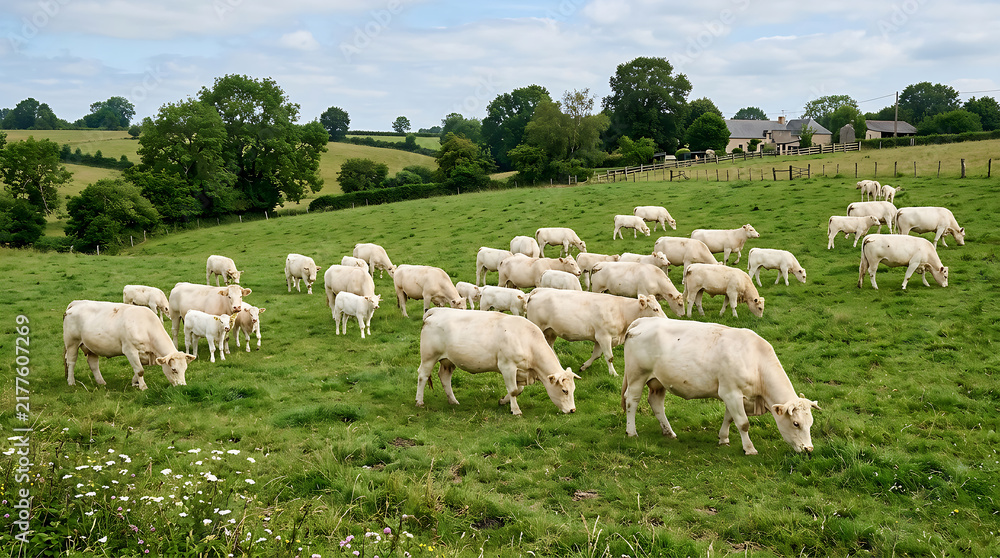 Fototapeta premium White sheep grazing in lush green pasture landscape.