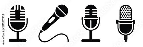 microphone icon set, karaoke and podcast symbols for audio recording, broadcasting and communication