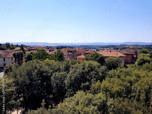 Historic European Town Panorama, Lush Green Trees
