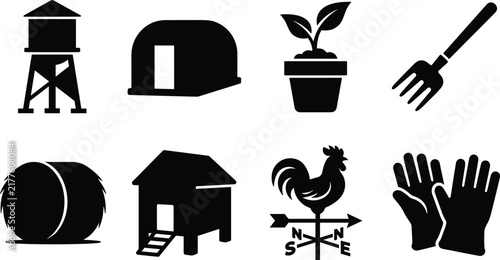 Bild auf Leinwand Farming and agriculture vector icon set featuring water tower hangar potted plan