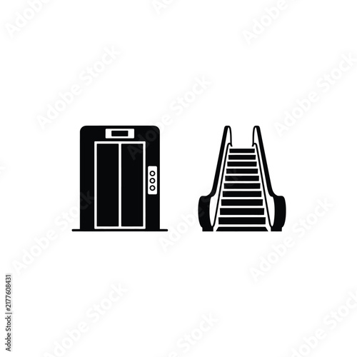 Elevator and escalator black icons for vertical transportation and accessibility.
