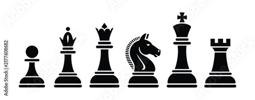 Foto Chess icons featuring king, queen, pawn, knight, and rook in minimalist silhouette style