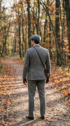 Man in vintage tweed suit and flat cap standing in an autumn forest, walking along a path in the woods.