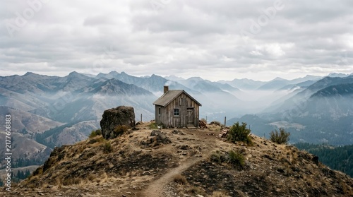 Small rustic wooden cabin on a mountain peak, misty valley landscape with rolling ridges under a cloudy sky.