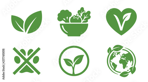 Vegan food icons set green flat style on white background