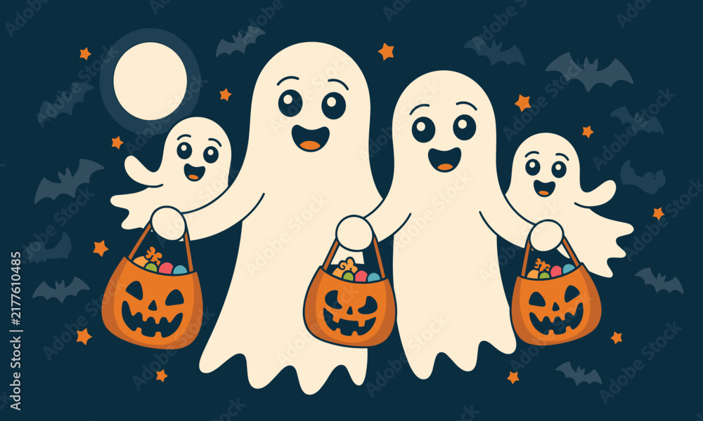 Obraz premium Cute cartoon ghosts trick or treating with pumpkin candy baskets on Halloween night illustration