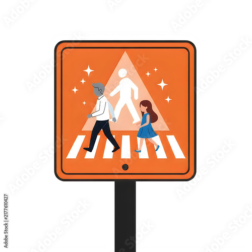 Pedestrian crossing warning sign with snowflakes