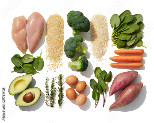 Raw healthy food ingredients flat lay with chicken breast broccoli avocado and sweet potato