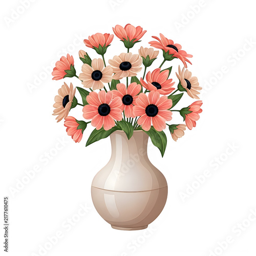 Pink and orange flowers in a white vase
