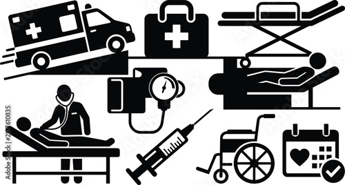 Medical Care and Emergency Service Icon Set Featuring Ambulance Stretcher Doctor Examination Syringe Wheelchair and First Aid Kit