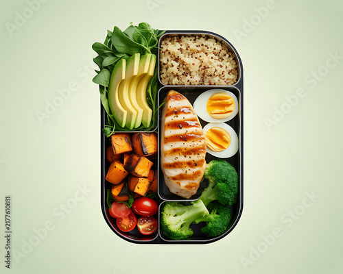 Vertical bento lunch box with grilled chicken breast quinoa avocado and fresh vegetables for diet