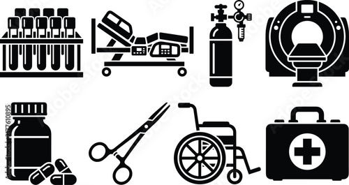 Medical Equipment Glyph Icon Set Featuring Test Tubes Hospital Bed Oxygen Tank MRI Scanner Medicine Bottle Scissors Wheelchair and First Aid Kit