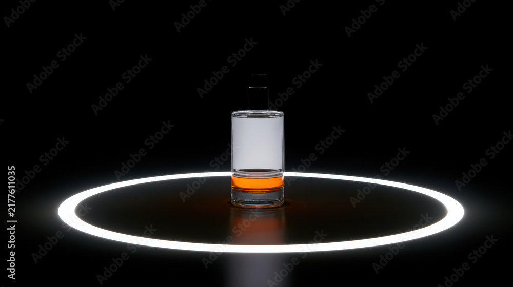 Obraz premium A clear glass contains two layers of liquid, one clear and the other orange. The glass is placed in a bright circular light on a dark surface. The scene shows contrast and focus on the glass