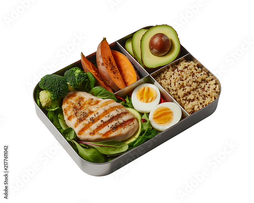 Balanced Bento Box with Grilled Chicken Avocado Sweet Potato Broccoli Quinoa and Egg