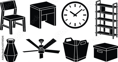 Modern Home Furniture and Interior Decor Icon Set Featuring Chair Table Wall Clock Bookshelf Vase Ceiling Fan and Storage Boxes