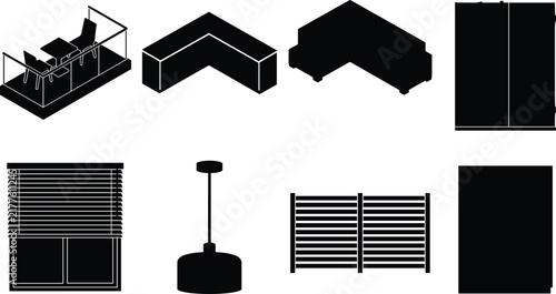 Modern Home Furniture and Interior Design Elements Vector Icon Set Featuring Balcony, Sectional Sofa, Counter, and Blinds