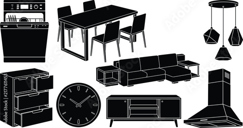 Modern Home Furniture and Kitchen Appliances Vector Icon Set Featuring Sofa, Dining Table, Dishwasher, and Lighting Fixtures