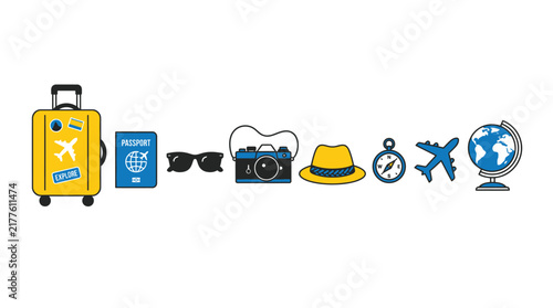 Travel essentials including suitcase passport and globe flat vector illustration