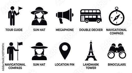 Collection of black flat icons depicting travel and tourism elements