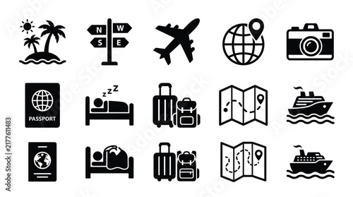Travel icons set featuring island airplane and navigation silhouettes